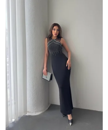 Kadın Omuz çoklu Askılı önü Taş Işlemeli Balık Kesim Janjan Krep Maxi Boy Elbise