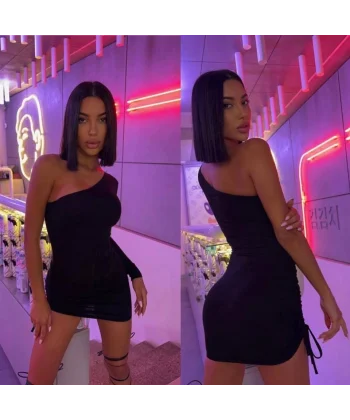 Kadın Omuz Dekolteli Asansör Büzgü Detay Fırsat ürün ini iyah Elbise