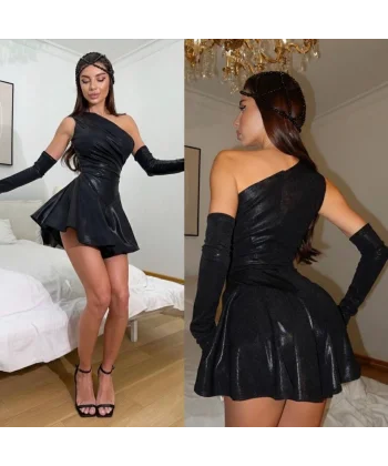 Kadın Omuz Dekolteli Drape Detay Mini şort Tulum