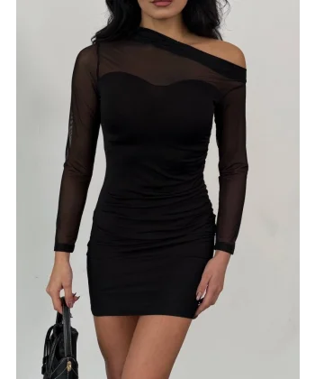 Kadın Omuz Dekolteli Tül Transparan Detay Mini Elbise