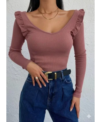 Kadın Omuz Fırfır Detay Uzun Kollu Bluz