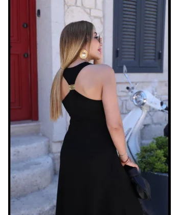 Kadın Omuzlardan Açık Arkadan Aksesuar Detaylı Yırtmaçlı Janjan Krep Elbise