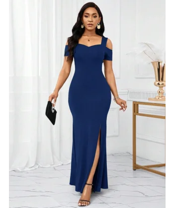 Kadın Omuzlardan Açık Askılı Yırtmaç Detaylı Uzun Ithal Krep Elbise