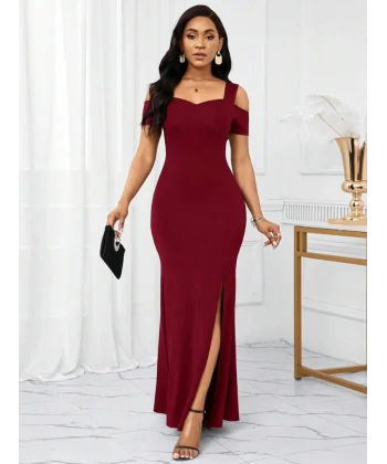 Kadın Omuzlardan Açık Askılı Yırtmaç Detaylı Uzun Ithal Krep Elbise