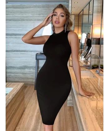 Kadın Omuzlardan Açık Bisiklet Yaka Janjan Krep Elbise