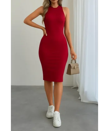 Kadın Omuzlardan Açık Bisiklet Yaka Janjan Krep Elbise