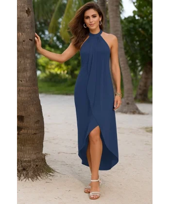 Kadın Omuzlardan Açık Boyundan Geçmeli Asimetrik Kesim Detaylı Viskon Elbise