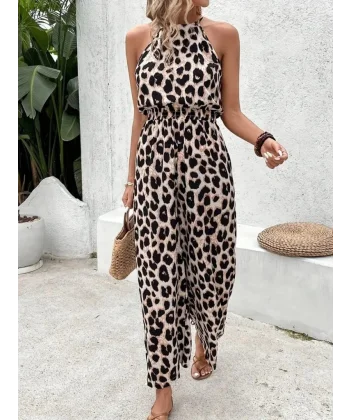 Kadın Omuzlardan Açık Boyundan Geçmeli Beli Lastikli Desenli Dalgıç Tulum