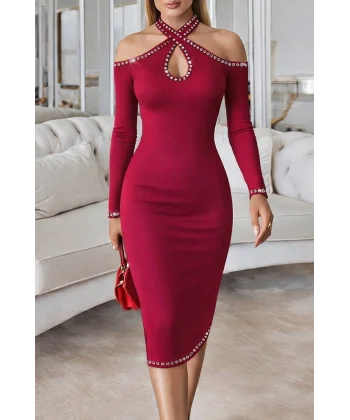 Kadın Omuzlardan Açık Boyundan Geçmeli Damla Detaylı Taşlı Midi Dalgıç Elbise