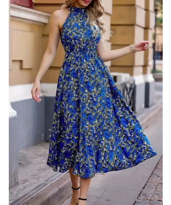 Kadın Omuzlardan Açık Daire Yaka Desenli Maxi Süprem Elbise