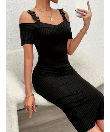 Kadın Omuzlardan Açık Dantel Askılı Fitilli Kaşkorse Midi Elbise