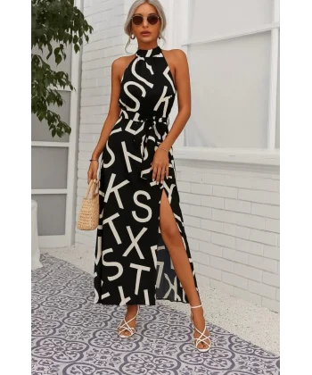 Kadın Omuzlardan Açık Halter Yakalı Yırtmaçlı çiçek Desenli Süprem Elbise