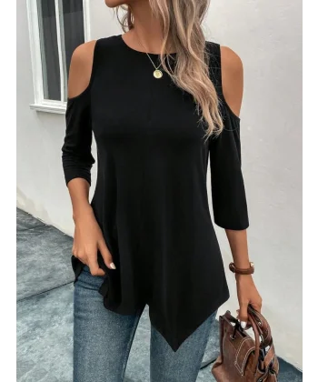 Kadın Omuzlardan Açık Sıfır Yaka Asimetrik Kesim Detay Viskon Bluz