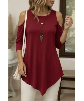 Kadın Omuzlardan Açık Sıfır Yaka Asimetrik Kesim Detay Viskon Bluz