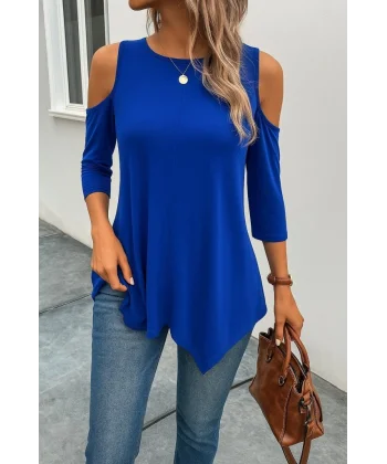 Kadın Omuzlardan Açık Sıfır Yaka Asimetrik Kesim Detay Viskon Bluz