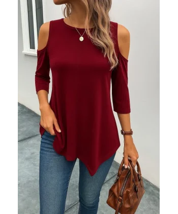 Kadın Omuzlardan Açık Sıfır Yaka Asimetrik Kesim Detay Viskon Bluz