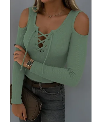 Kadın Omuzlardan Açık Uzun Kollu Bağcıklı Kaşkorse Bluz