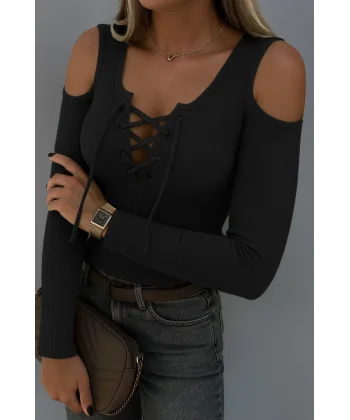 Kadın Omuzlardan Açık Uzun Kollu Bağcıklı Kaşkorse Bluz