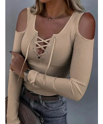 Kadın Omuzlardan Açık Uzun Kollu Bağcıklı Kaşkorse Bluz