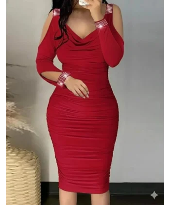 Kadın Omuzlardan Açık Uzun Kollu Taşlı Degaje Yakalı Sandy Midi Elbise