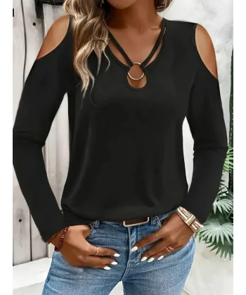 Kadın Omuzlardan Açık Uzun Kollu Yakadan Halka şerit Detaylı Viskon Bluz