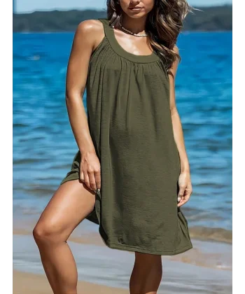 Kadın Omuzlardan Açık Yuvarlak Yaka Pileli Viskon Elbise