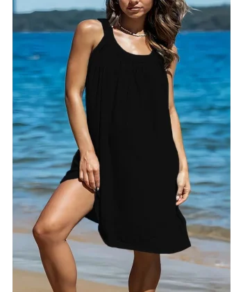 Kadın Omuzlardan Açık Yuvarlak Yaka Pileli Viskon Elbise