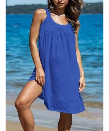 Kadın Omuzlardan Açık Yuvarlak Yaka Pileli Viskon Elbise