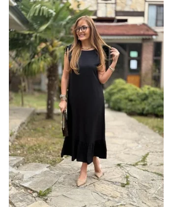 Kadın Omuzlardan Büzgülü Kayık Yaka Fırfırlı Janjan Krep Elbise