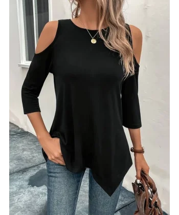 Kadın Omuzları Açık Fakir Kol Asimetrik Etek Uçlu Salaş Bluz