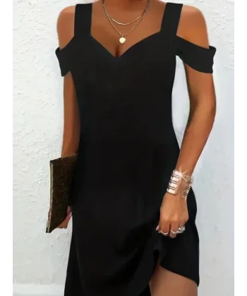 Kadın Omuzları Askılı Açık Kalp Yaka Jan Jan Krep Mini Elbise