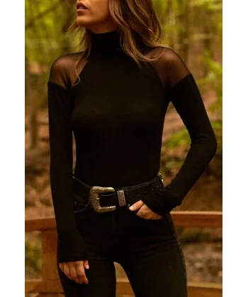 Kadın Omuzları Tül Balıkçı Yaka Viskon Kumaş Bluz