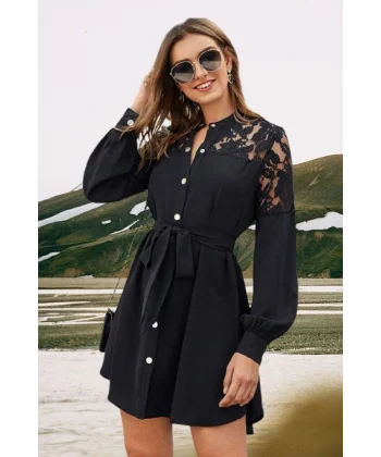 Kadın Omzu Flok Baskılı Çıtçıtlı Dokuma Viskon Kumaş Gömlek Elbise