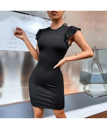 Kadın Omzu Volanlı Bisiklet Yaka Kaşkorse Mini Elbise