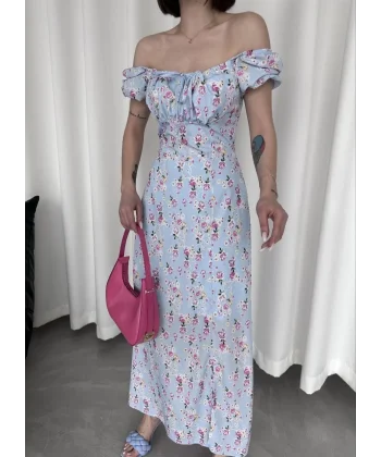 Kadın Önden Bagacık Detaylı Elbise - Saks Mavisi