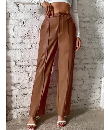 Kadın önden Fermuarlı Cepli Geniş Kesim Lame Deri Pantolon