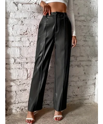 Kadın önden Fermuarlı Cepli Geniş Kesim Lame Deri Pantolon