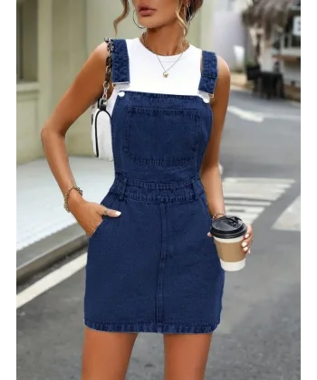 Kadın önü Cepli Mini Kot Salopet