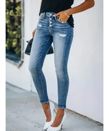 Kadın önü Düğmeli Eskitme Slim Fit Kot Pantolon