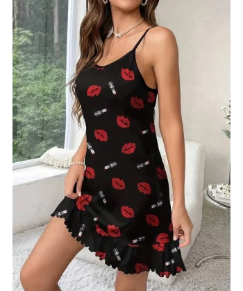 Kadın öpücük Baskılı Askılı Gecelik Süprem Elbise