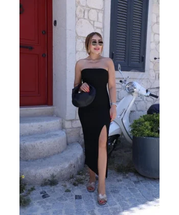 Kadın Ottaman Kumaş Yirtmac Detay Straplez Elbise