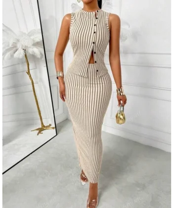 Kadın Ottoman Kumaş çizgili Gömlek Ve Etek Ikili Takım