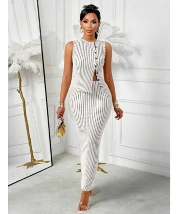 Kadın Ottoman Kumaş çizgili Gömlek Ve Etek Ikili Takım