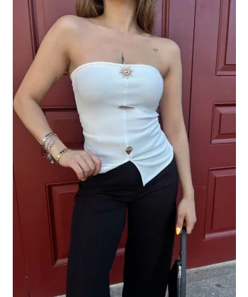 Kadın Ottoman Kumaş Düğme Detaylı Büstiyer Crop