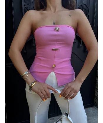 Kadın Ottoman Kumaş Düğme Detaylı Büstiyer Crop