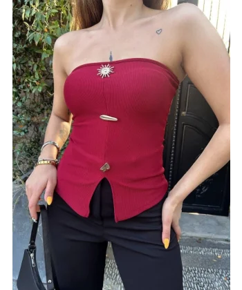 Kadın Ottoman Kumaş Düğme Detaylı Büstiyer Crop