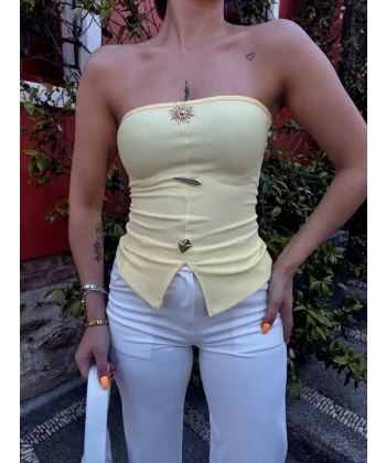 Kadın Ottoman Kumaş Düğme Detaylı Büstiyer Crop