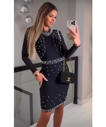 Kadın Ottoman Kumaş Kolları Tül Ve Inci Detaylı Mini Boy Elbise