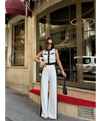 Kadın Ottoman Kumaş şeritli Sıfır Kol Yelek Ve Pantolon Ikili Takım