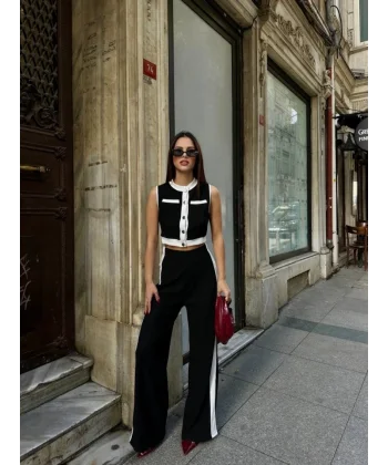 Kadın Ottoman Kumaş şeritli Sıfır Kol Yelek Ve Pantolon Ikili Takım